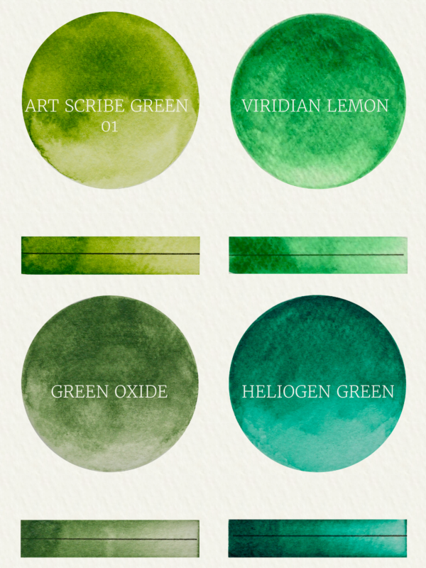 Green Collection - A pocket sized tin of four shades of green ranging from light, yellowish green, earthy mid tone to a dark bluish green. by Art Scribe