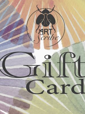 Words gift card and logo placed over various colours of handmade watercolour paint.